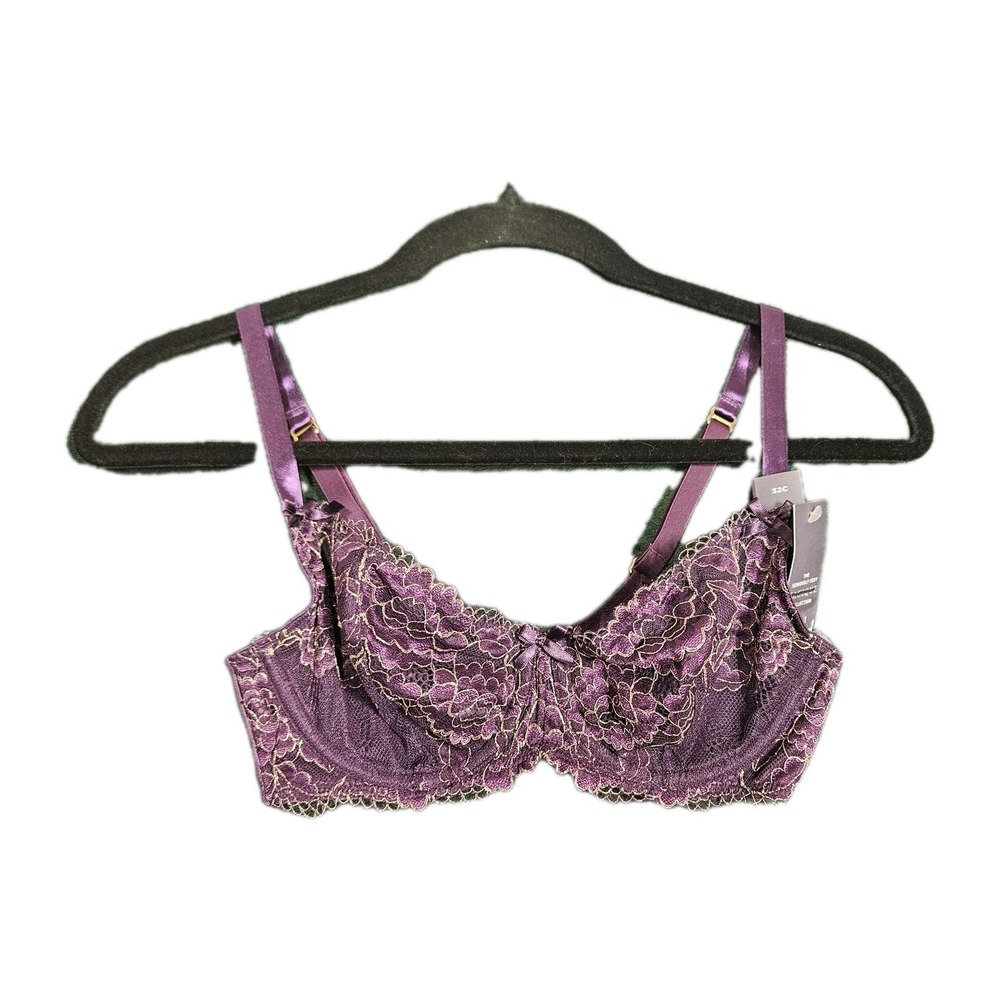 NWT Women's Bra Purple Unlined Balconette Sz 32C Lace-Up Bustier Ribbon Cacique